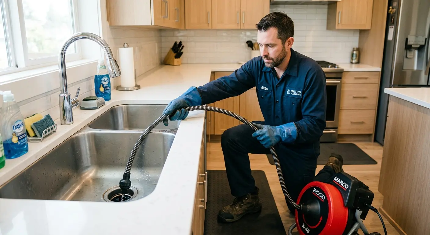 Drain cleaning technician using a motorized snake on a kitchen sink in Moreno Valley