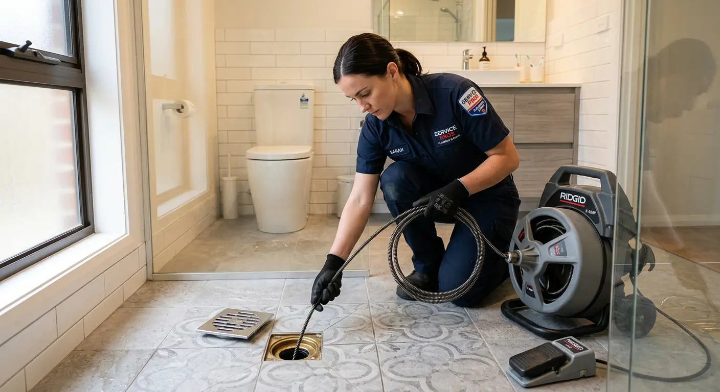 Technician clearing a bathroom floor drain for Sewer Line Replacement in Moreno Valley
